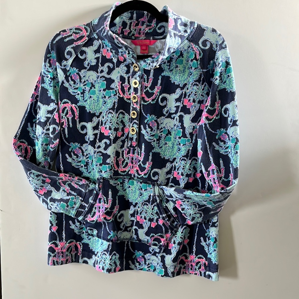 Lilly Pulitzer Pop Up Monkey Trouble front pouch half button pullover medium